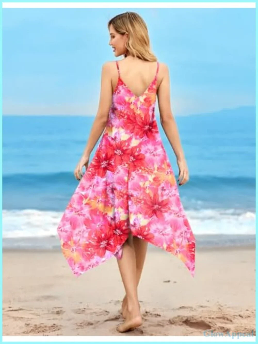 Boho Spaghetti Strap Midi Sundress with Deep V-Neck, Flowy Ruffle Hem,